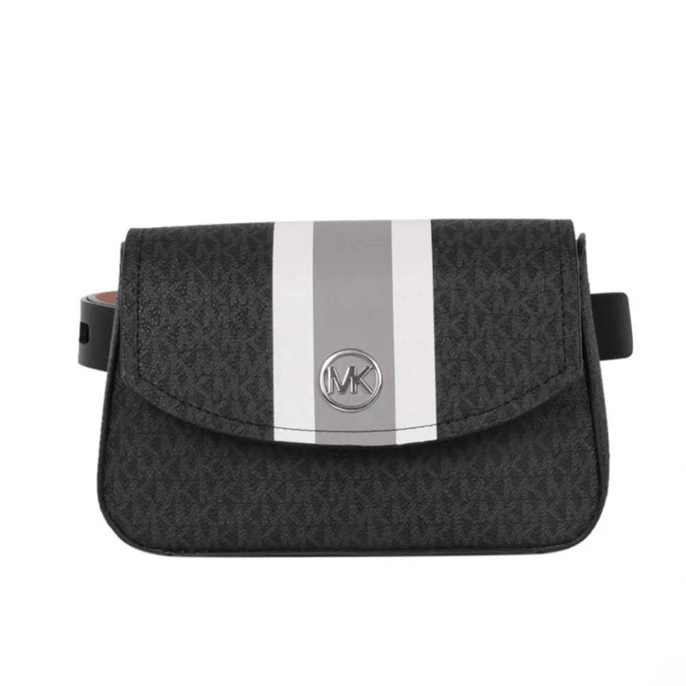 NWT Michael Kors Black and Gray Crossbody Logo Belt Bag with Stripe size L/XL